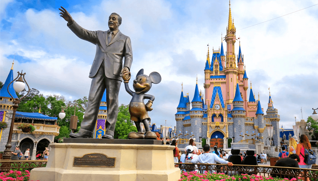 Partners statue of Walt Disney and Mickey Mouse at Magic Kingdom, Cinderella's Castle behind.